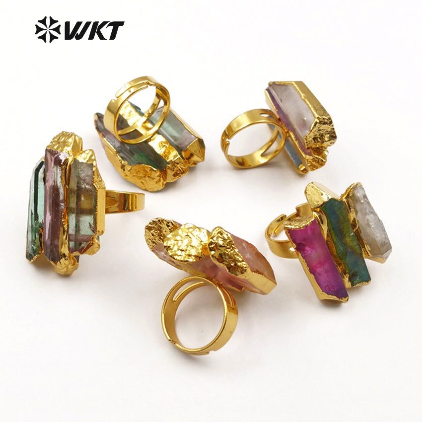 WT-R302 Wholesale High Quality Exclusive Custom in Gold Electroplated Adjustable Size for Aura Quartz Ring