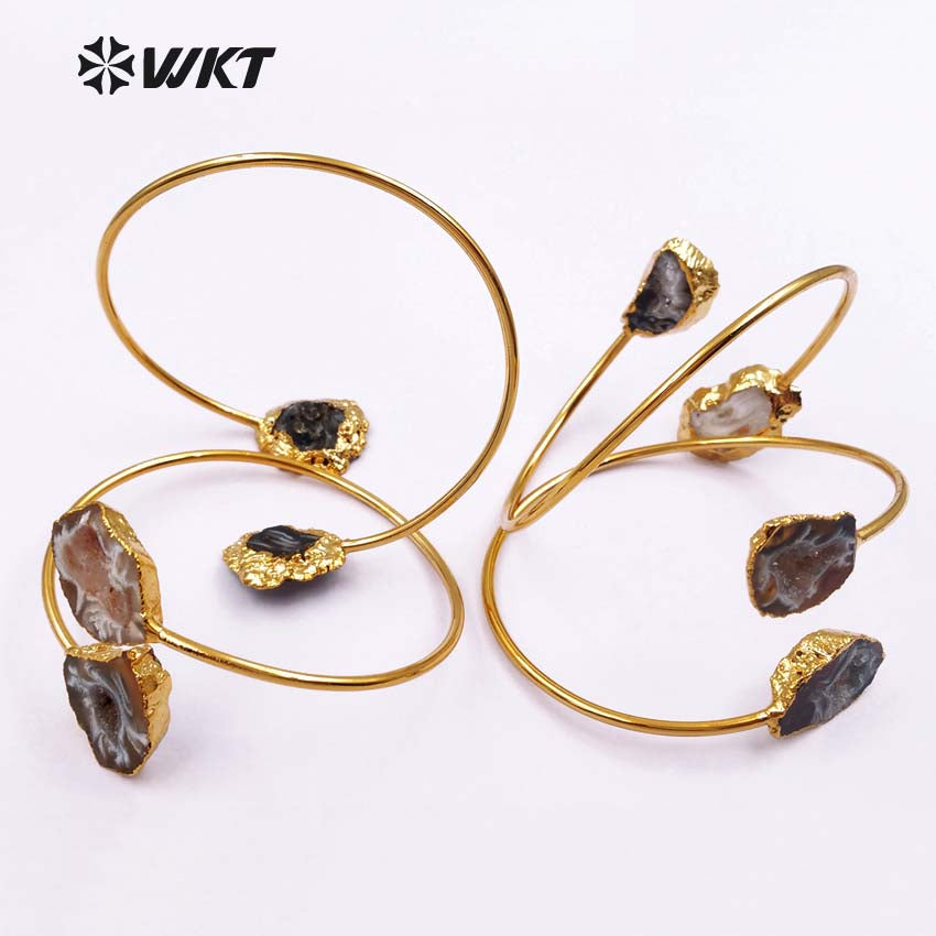 WT-B391 Hotsale Natural Geode Raw Stone 24k Real Gold Plated Adjustable Chunky Double Stone Druzy Agate Bangle