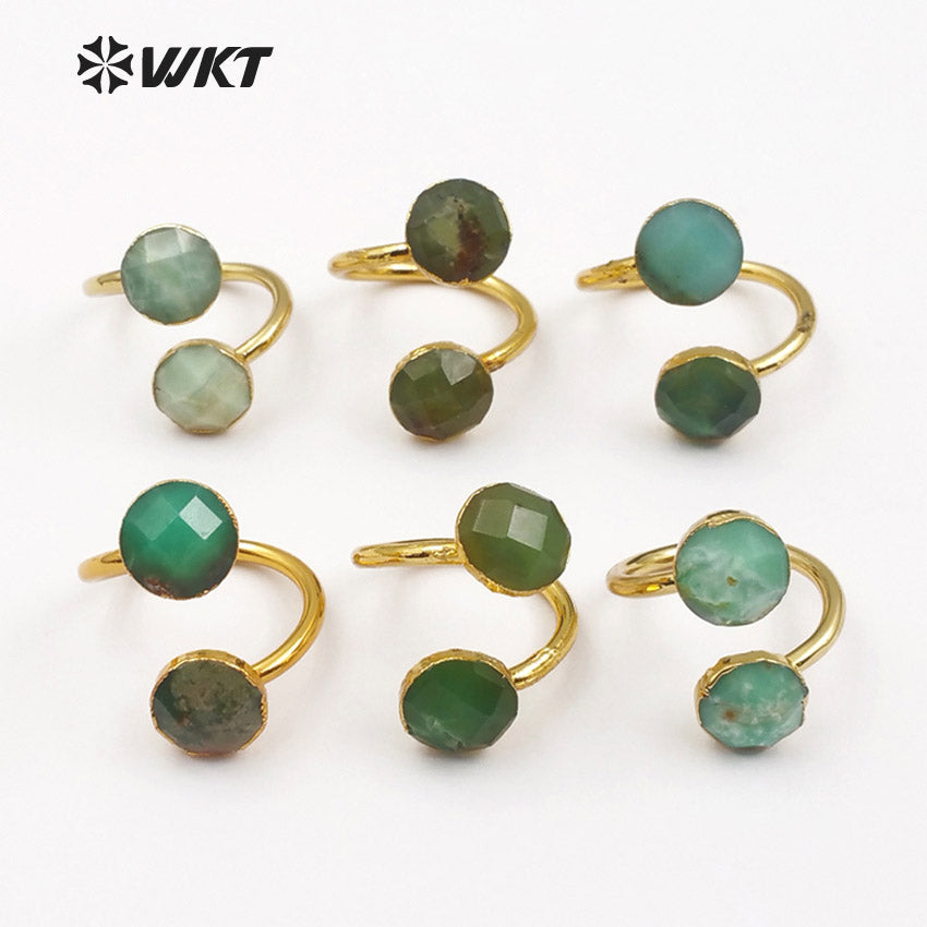 WT-R318 Double Green Faceted Stone in Round Shape for Women Bohemia Cocktail Adjustable Gold Trim Chysoprase Stone Rings