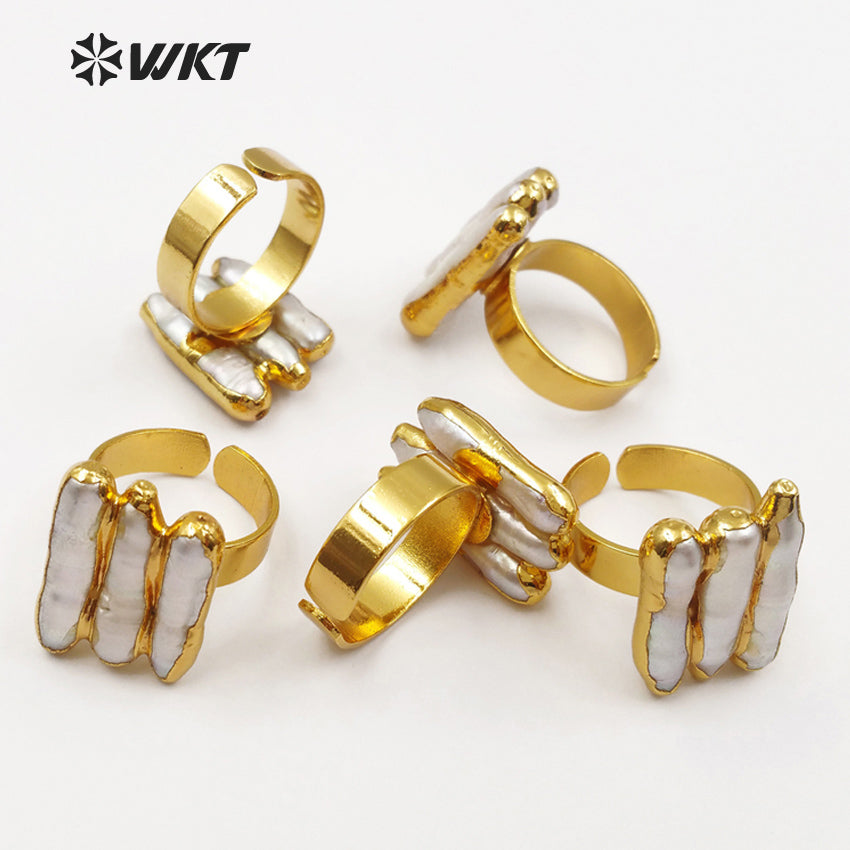 WT-R305 2018 New 18K Metal Electroplated Adjustable Rings Geometric Shape for Elegant Women with Freshwater Pearl Ring