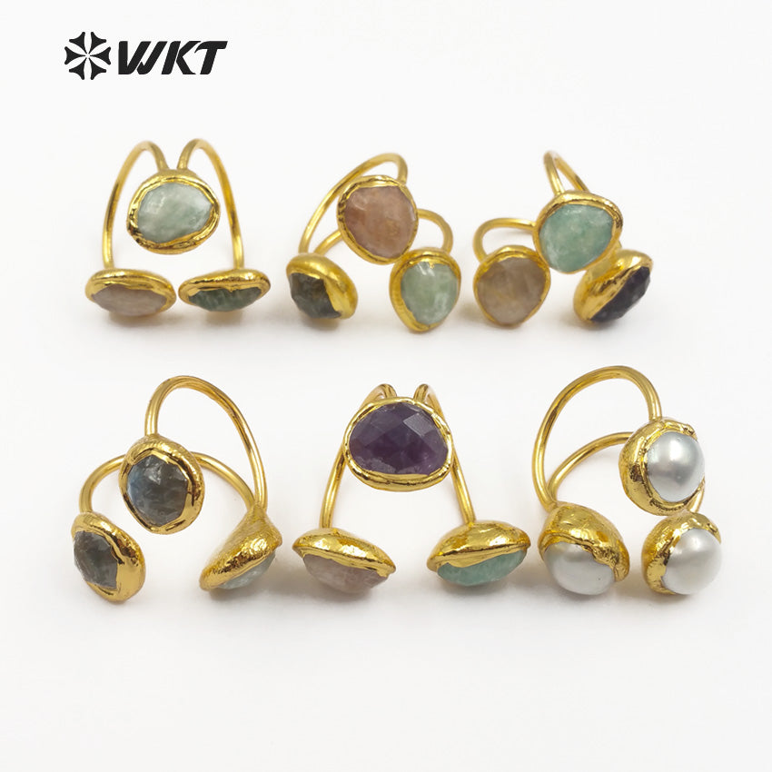 WT-R315 Vintage Design Three Stones on the Surface of the Ring Natural Amethyst Rose Quartz Labradorite and Pearls Mix Rings