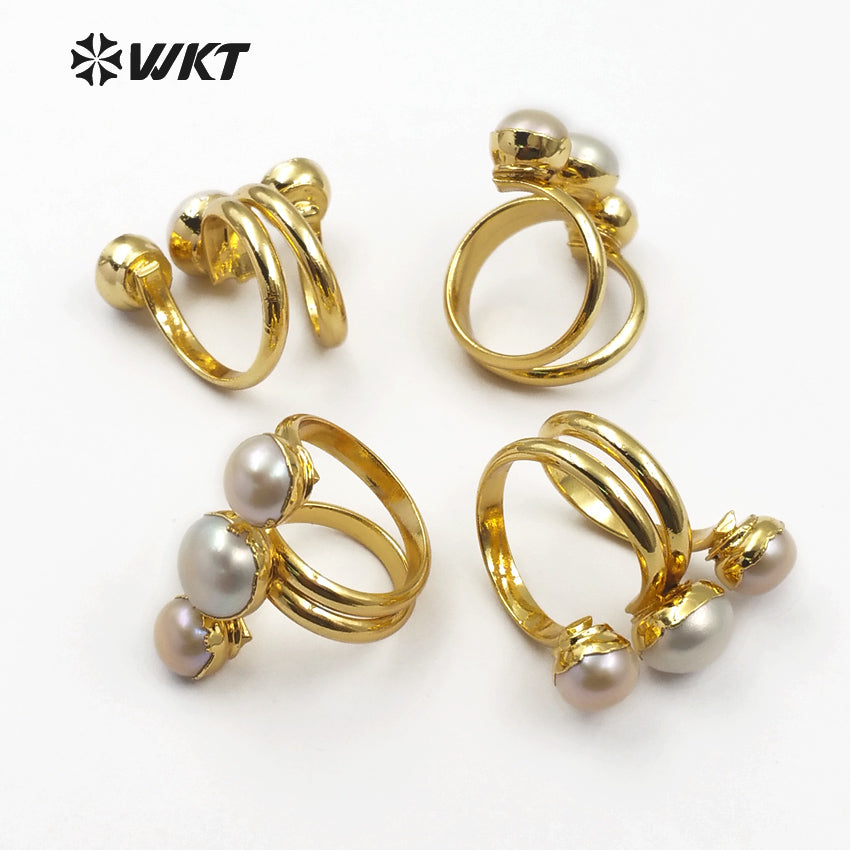 WT-R311 Wholesale Three Round Freshwater Pearl Rings Smoothly Tiny Pearl With Gold Bezel Natural Pearl Rings