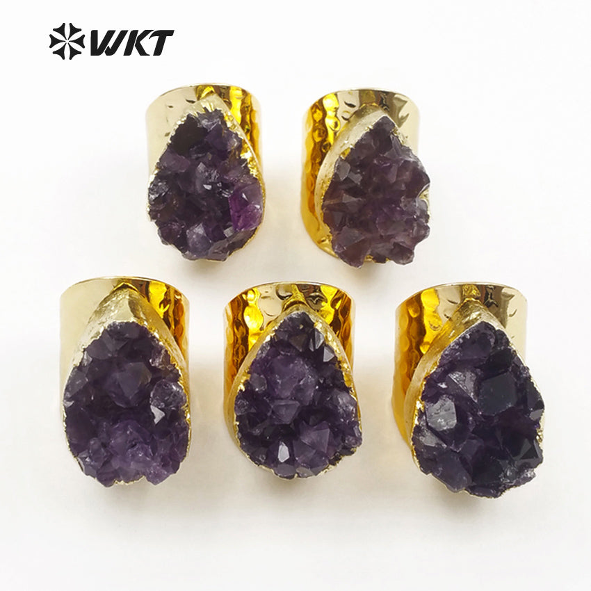 WT-R102 HOT SALES!! Fashion Design Amazing Round Druzy Amethyst Rings in 24k Gold Plated Druzy Amethyst Rings