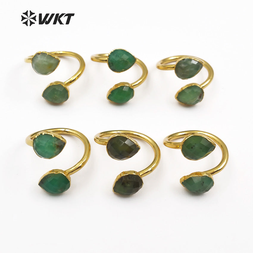 WT-R316 Wholesale Double Water Drop Faceted Green Stone With Gold Trim Women Elegant Rings Natural Chrysoprase Stone Rings