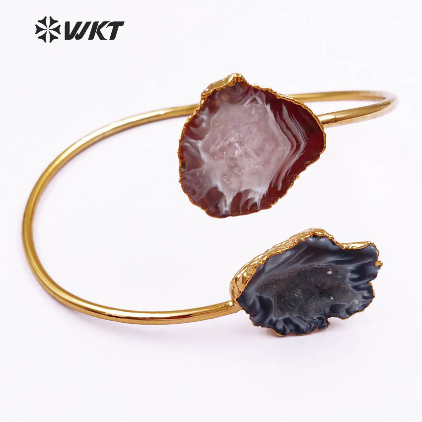 WT-B391 Hotsale Natural Geode Raw Stone 24k Real Gold Plated Adjustable Chunky Double Stone Druzy Agate Bangle