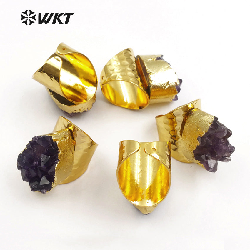 WT-R102 HOT SALES!! Fashion Design Amazing Round Druzy Amethyst Rings in 24k Gold Plated Druzy Amethyst Rings