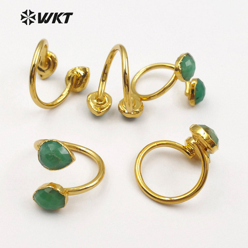 WT-R316 Wholesale Double Water Drop Faceted Green Stone With Gold Trim Women Elegant Rings Natural Chrysoprase Stone Rings