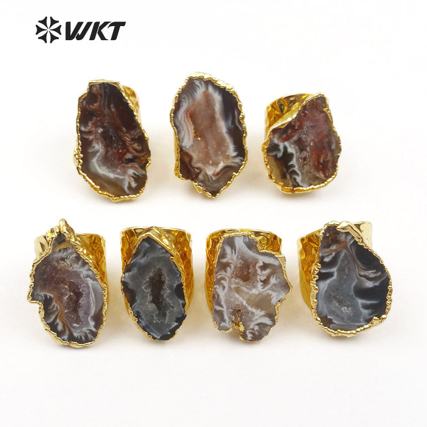 WT-R112 Adjustable 24k Real Gold Electroplated Slice Agate Stone Ring Fashion Cigar Druzy Stone Ring