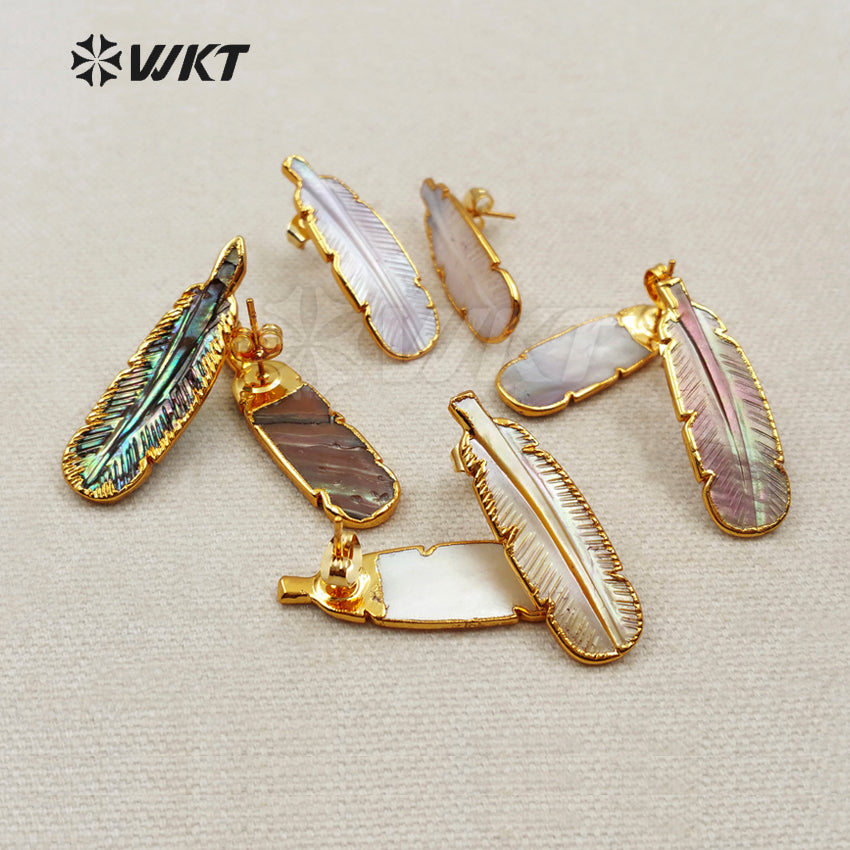WT-E355 Amazing Hand Carved Natural Abalone Feather Studs Earrings, 24k Gold Trim Shell Feather Studs Earring