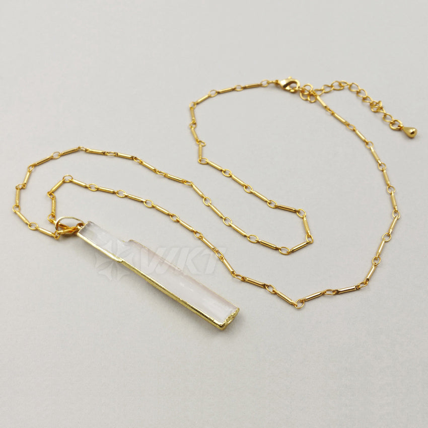 WT-N1021 New Hotsales Raw Stone Selenite Necklace, High Quality 24k Real Gold Trim Long White Selenite Necklace