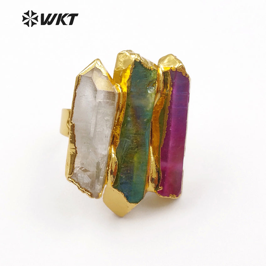 WT-R302 Wholesale High Quality Exclusive Custom in Gold Electroplated Adjustable Size for Aura Quartz Ring