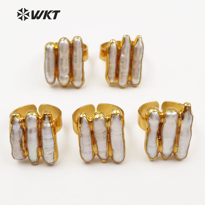 WT-R305 2018 New 18K Metal Electroplated Adjustable Rings Geometric Shape for Elegant Women with Freshwater Pearl Ring