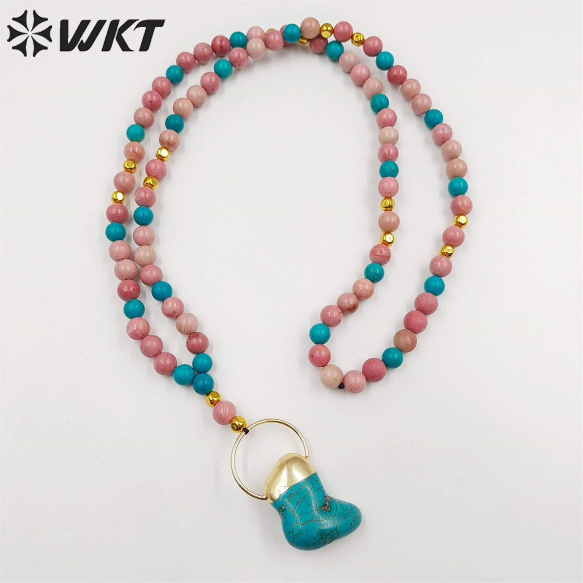 WT-N1410 Newest Fashion Handmade 30 Inch Long Sweater Chain Necklace Women Trendy Hot pink Opal Turquoise Beads Necklace