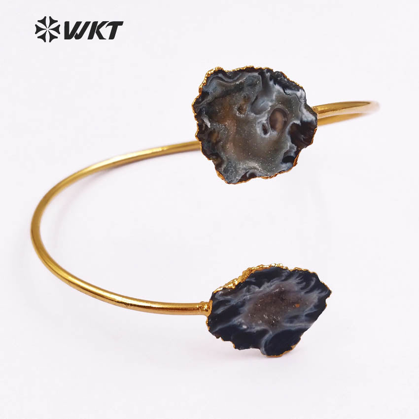 WT-B391 Hotsale Natural Geode Raw Stone 24k Real Gold Plated Adjustable Chunky Double Stone Druzy Agate Bangle