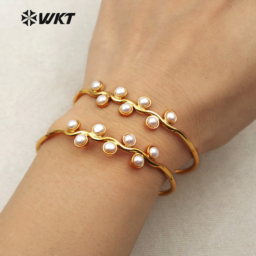 WT-B387 WKT Wholesale Fashion New Simple 24k Real Gold Plated Freshwater Pearl Charm Adjustable Cuff Bangle