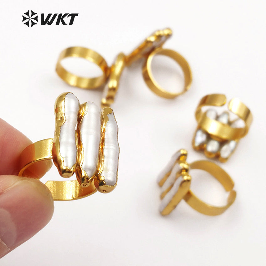WT-R305 2018 New 18K Metal Electroplated Adjustable Rings Geometric Shape for Elegant Women with Freshwater Pearl Ring