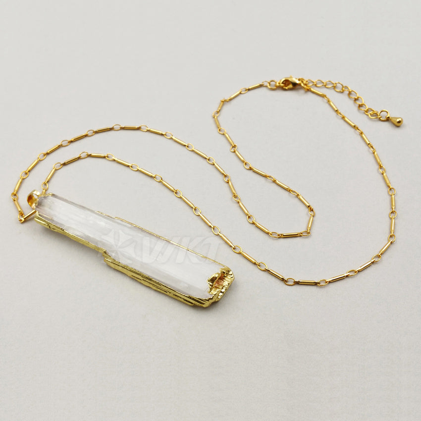 WT-N1021 New Hotsales Raw Stone Selenite Necklace, High Quality 24k Real Gold Trim Long White Selenite Necklace