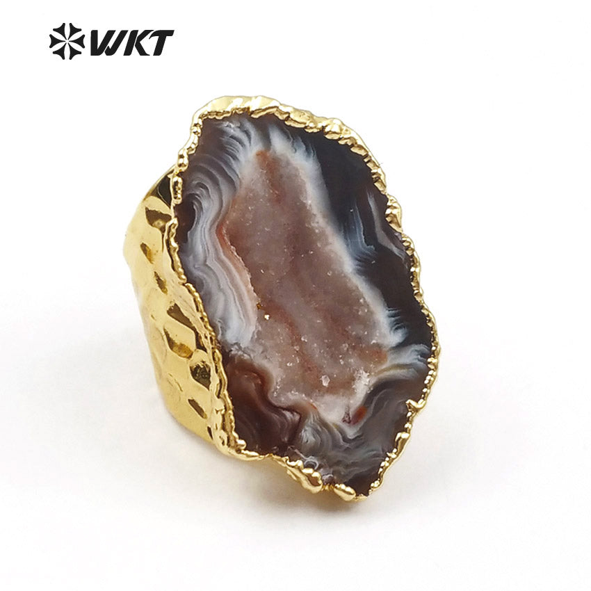 WT-R112 Adjustable 24k Real Gold Electroplated Slice Agate Stone Ring Fashion Cigar Druzy Stone Ring