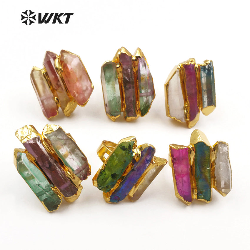 WT-R302 Wholesale High Quality Exclusive Custom in Gold Electroplated Adjustable Size for Aura Quartz Ring