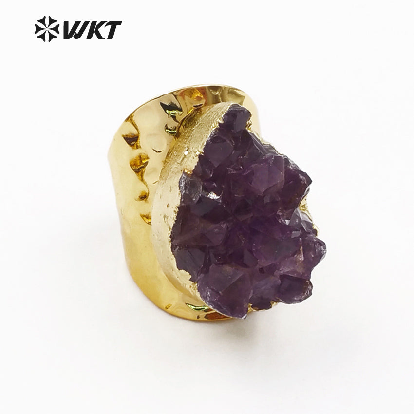 WT-R102 HOT SALES!! Fashion Design Amazing Round Druzy Amethyst Rings in 24k Gold Plated Druzy Amethyst Rings