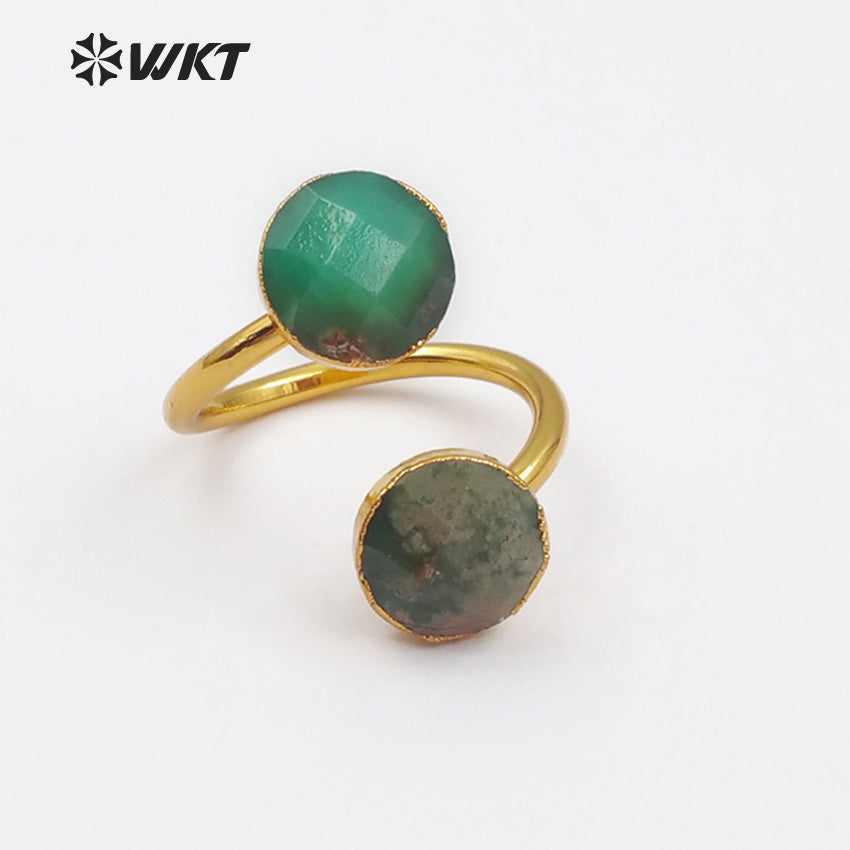 WT-R318 Double Green Faceted Stone in Round Shape for Women Bohemia Cocktail Adjustable Gold Trim Chysoprase Stone Rings