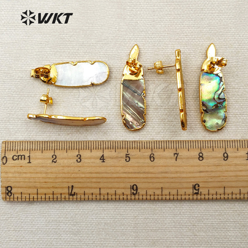 WT-E355 Amazing Hand Carved Natural Abalone Feather Studs Earrings, 24k Gold Trim Shell Feather Studs Earring