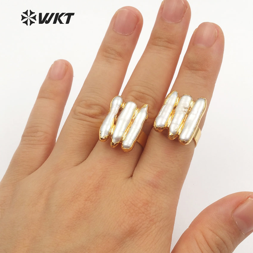 WT-R305 2018 New 18K Metal Electroplated Adjustable Rings Geometric Shape for Elegant Women with Freshwater Pearl Ring
