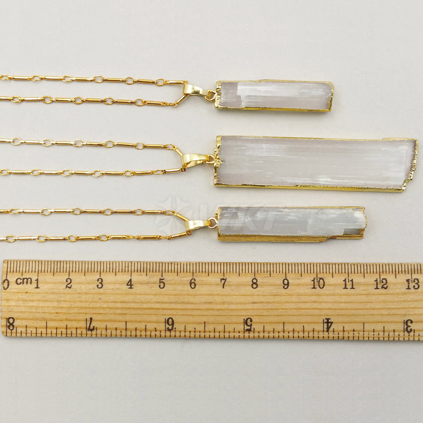 WT-N1021 New Hotsales Raw Stone Selenite Necklace, High Quality 24k Real Gold Trim Long White Selenite Necklace