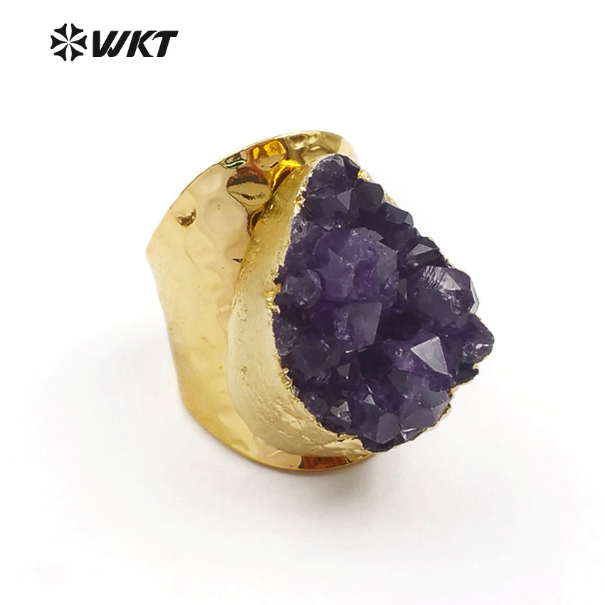 WT-R102 HOT SALES!! Fashion Design Amazing Round Druzy Amethyst Rings in 24k Gold Plated Druzy Amethyst Rings