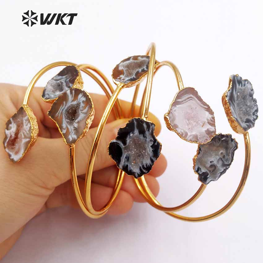WT-B391 Hotsale Natural Geode Raw Stone 24k Real Gold Plated Adjustable Chunky Double Stone Druzy Agate Bangle