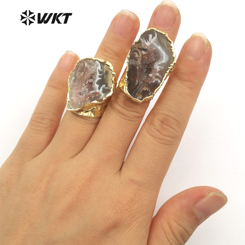 WT-R112 Adjustable 24k Real Gold Electroplated Slice Agate Stone Ring Fashion Cigar Druzy Stone Ring