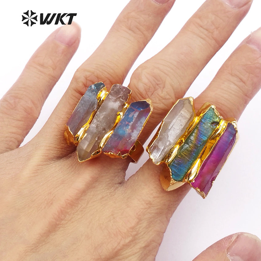 WT-R302 Wholesale High Quality Exclusive Custom in Gold Electroplated Adjustable Size for Aura Quartz Ring