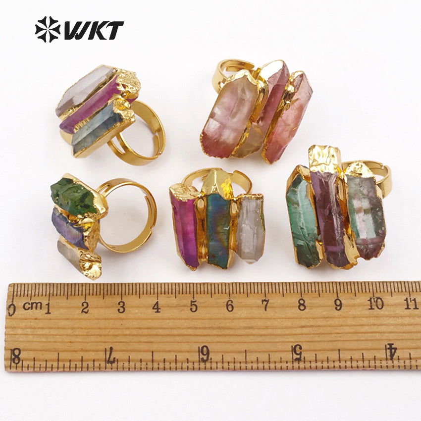 WT-R302 Wholesale High Quality Exclusive Custom in Gold Electroplated Adjustable Size for Aura Quartz Ring