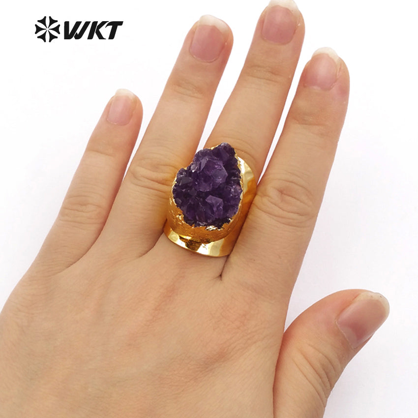 WT-R102 HOT SALES!! Fashion Design Amazing Round Druzy Amethyst Rings in 24k Gold Plated Druzy Amethyst Rings