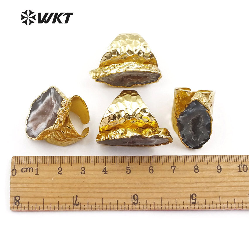 WT-R112 Adjustable 24k Real Gold Electroplated Slice Agate Stone Ring Fashion Cigar Druzy Stone Ring