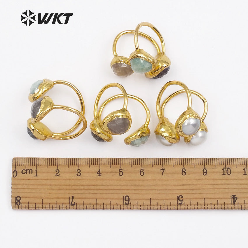 WT-R315 Vintage Design Three Stones on the Surface of the Ring Natural Amethyst Rose Quartz Labradorite and Pearls Mix Rings