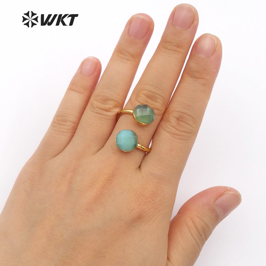 WT-R318 Double Green Faceted Stone in Round Shape for Women Bohemia Cocktail Adjustable Gold Trim Chysoprase Stone Rings