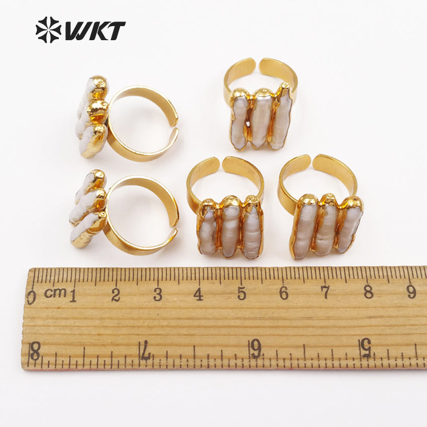 WT-R305 2018 New 18K Metal Electroplated Adjustable Rings Geometric Shape for Elegant Women with Freshwater Pearl Ring
