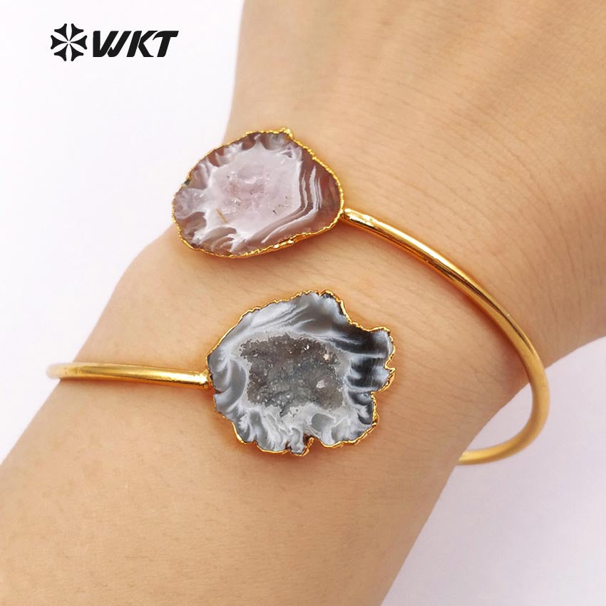 WT-B391 Hotsale Natural Geode Raw Stone 24k Real Gold Plated Adjustable Chunky Double Stone Druzy Agate Bangle