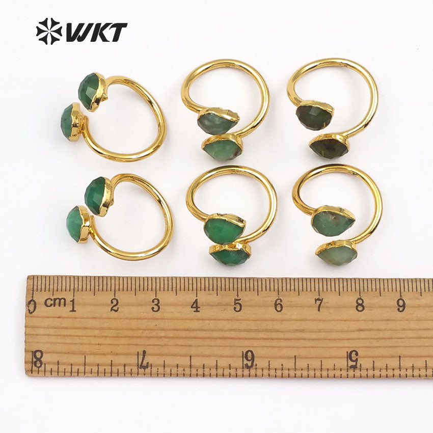 WT-R316 Wholesale Double Water Drop Faceted Green Stone With Gold Trim Women Elegant Rings Natural Chrysoprase Stone Rings