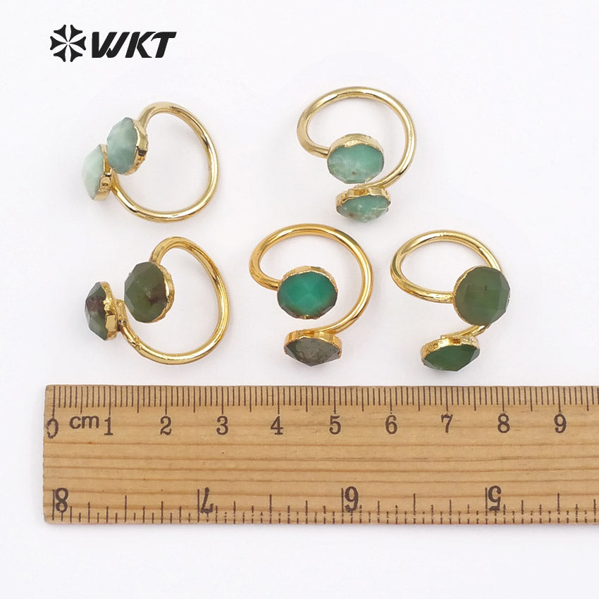 WT-R318 Double Green Faceted Stone in Round Shape for Women Bohemia Cocktail Adjustable Gold Trim Chysoprase Stone Rings