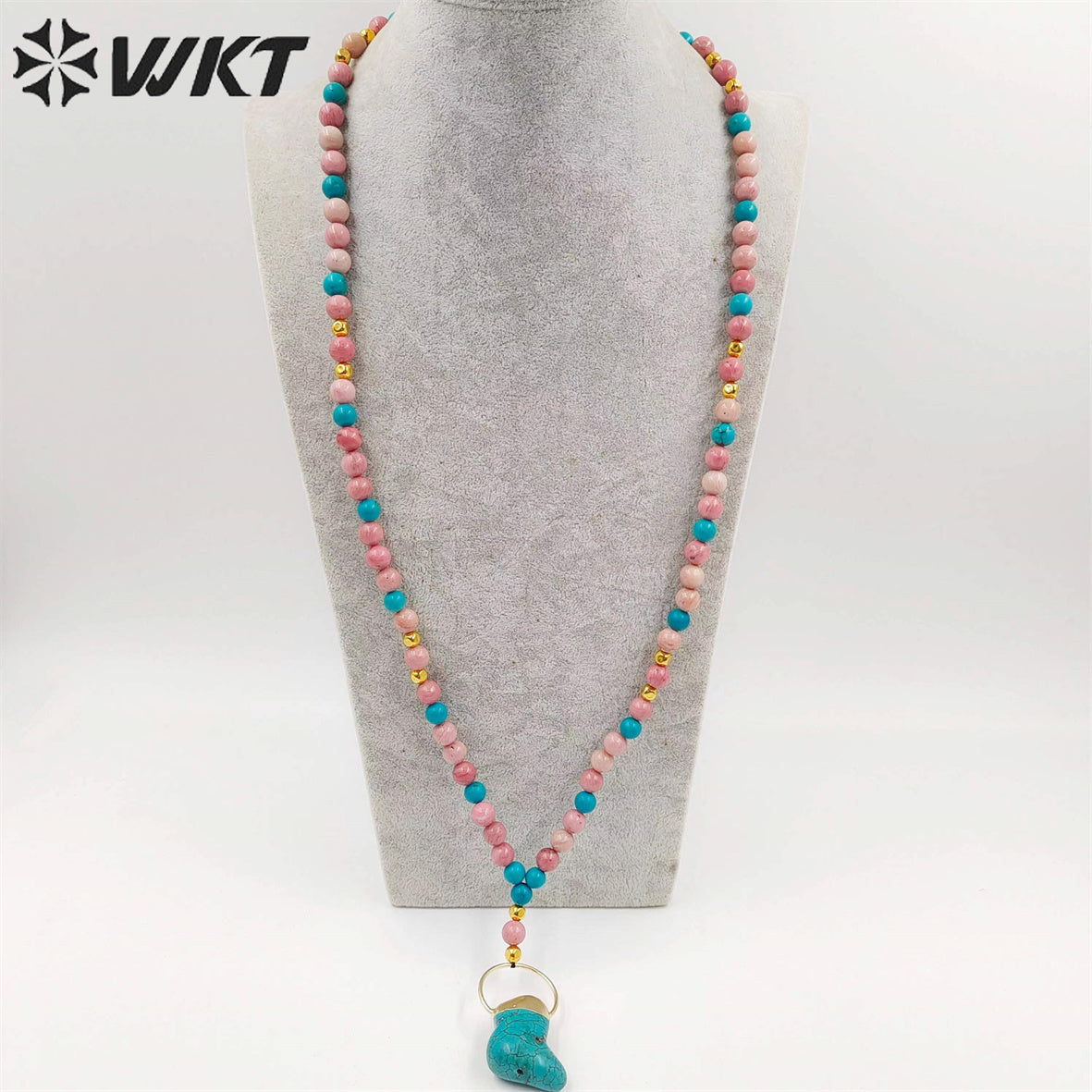 WT-N1410 Newest Fashion Handmade 30 Inch Long Sweater Chain Necklace Women Trendy Hot pink Opal Turquoise Beads Necklace
