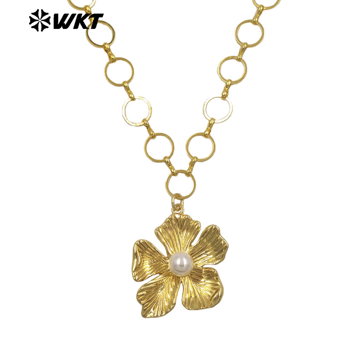 WT-N1514 Lovely Gold Plated Round Metal Chain With Brass And Artificial Pearl Flowers Pendant Necklace As Girl Fashion Jewelry