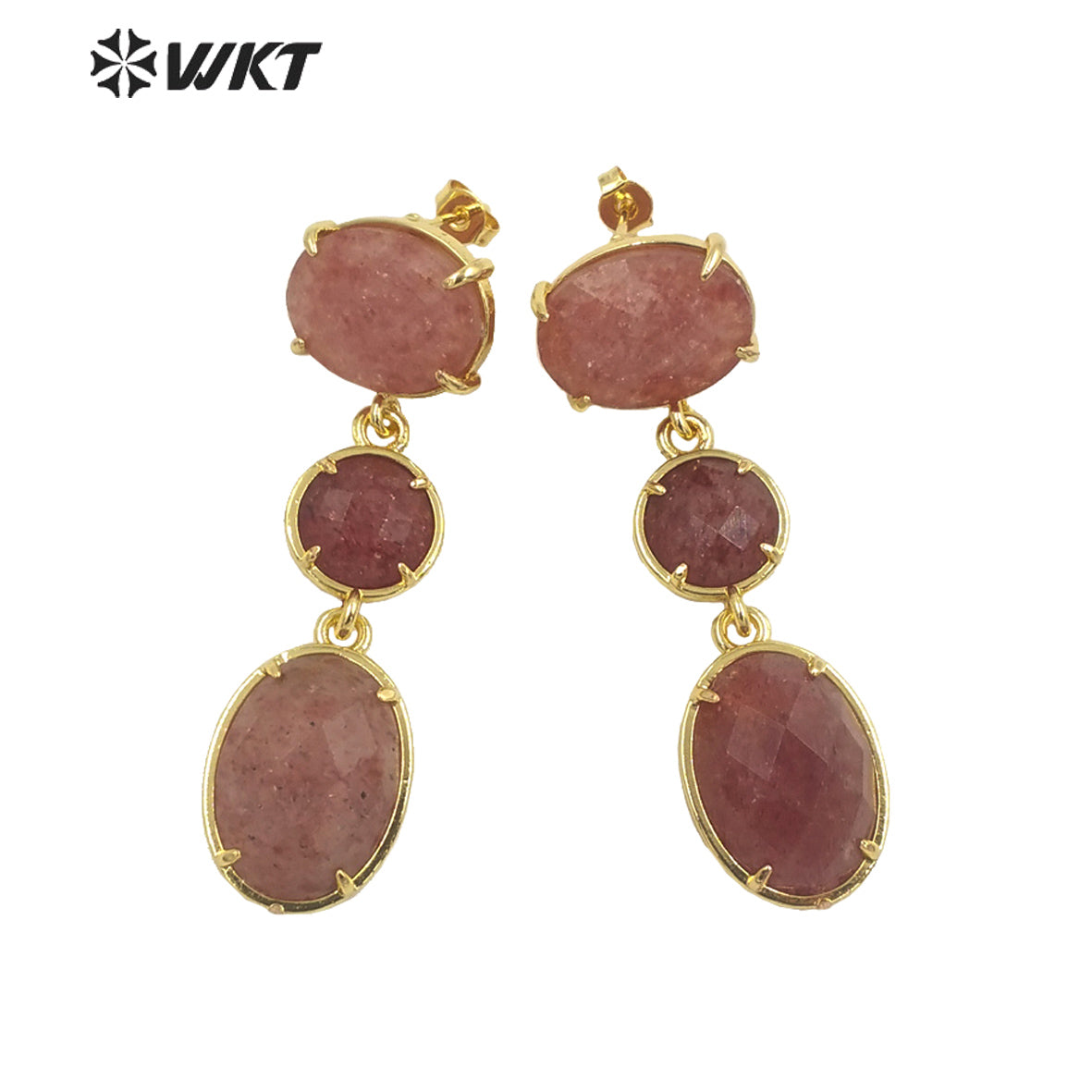 WT-E690 Amazing Gorgeous Fashion Triple Stone Earrings Precious 18k Real Gold Plated Resist Tarnish Prong Setting Dangle Studs