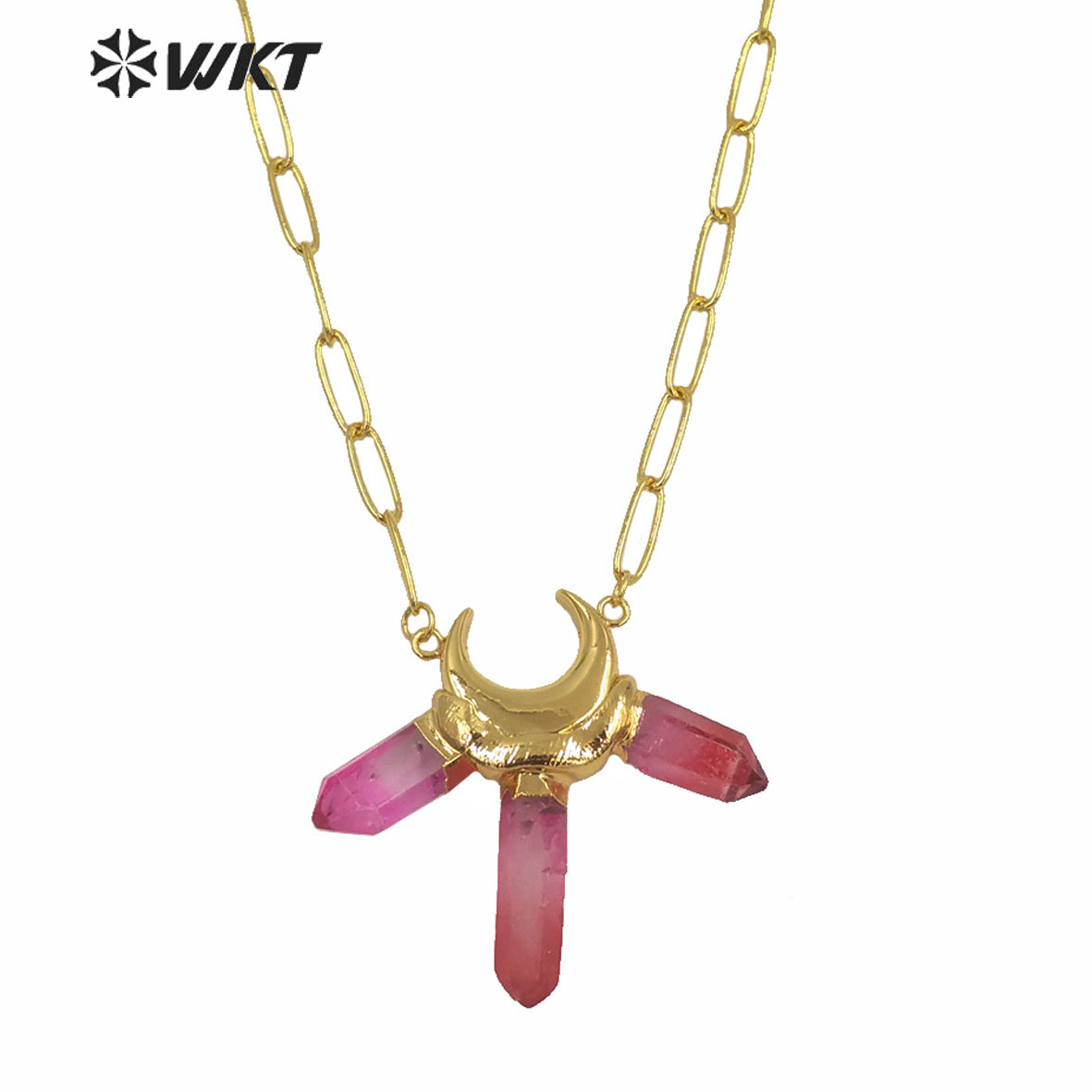 WT-N1251Wholesale New Rainbow Colorful Aura Quartz Statement Stone Necklace Fashion Triple Color Quartz Pendant Stone Necklace