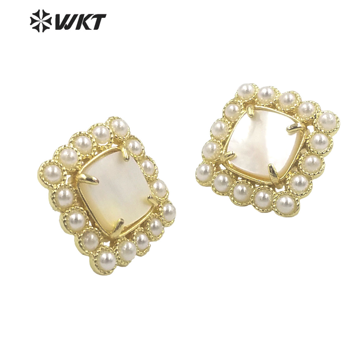 WT-MPE119 Latest Design Fashion Square Shape Claw Setting With Natural Shell Inner Gold Plated Women Studs