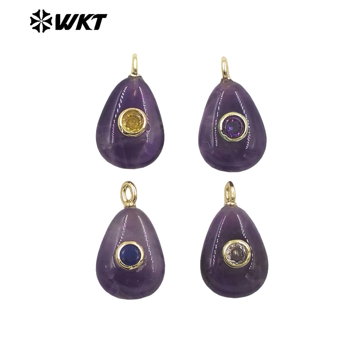 WT-P2026 Good Quality Set In Zircon Waterdrop Shape Multi Colors Natural Gemstones Amethyst Smooth Pendant For Romantic Gift DIY