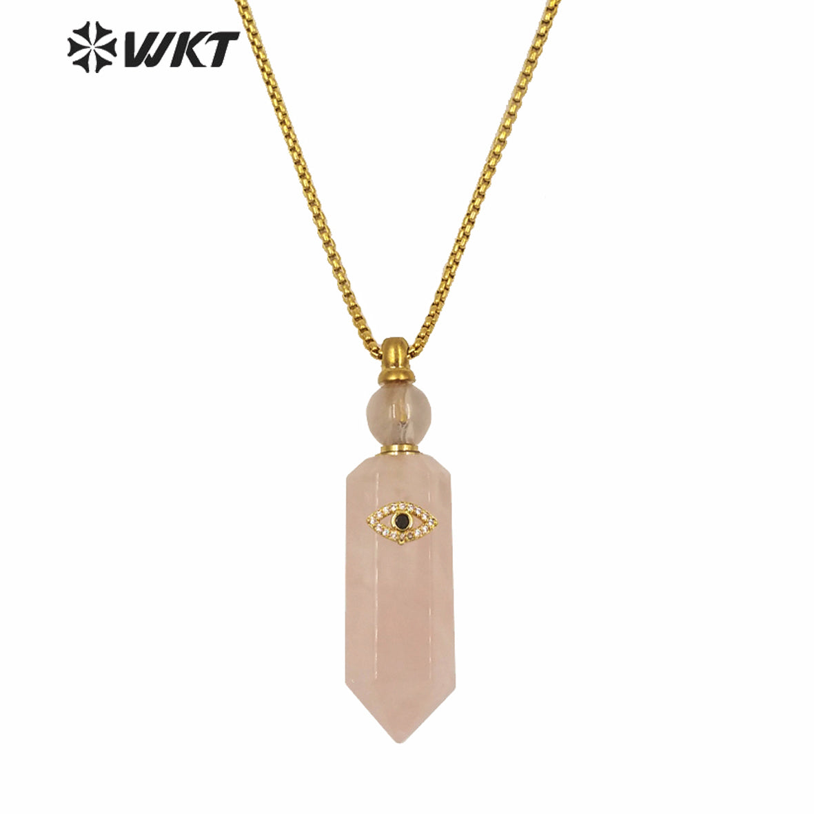 WT-N1248 New Design Hot Sales Hexagon Cube Shape Spirit Quartz Gemstone Perfume Bottle Necklace with Eye Charm for Women