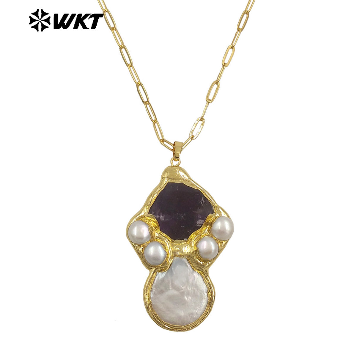 WT-JN345 Delicate Rectangle Chain With Gold Plated Natural Gemstones And Pearl Pendant Necklace For Unique Fashion Birthday Gift