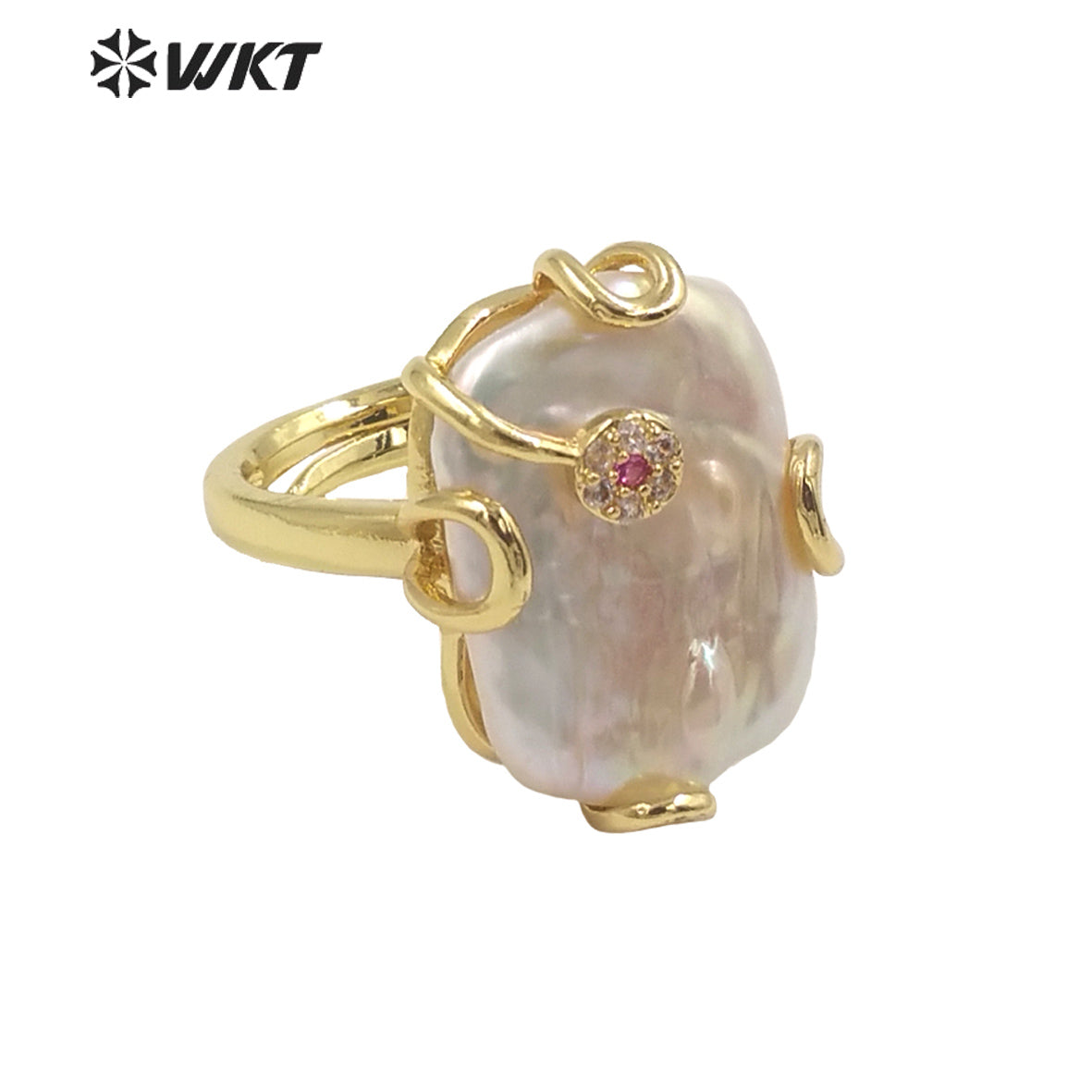 WT-MPR070 Gorgeous Trendy Fashion Natural Freshwater Pearl and Zircon Ring18k Gold Plating for Women Lucky Unique Design Ring
